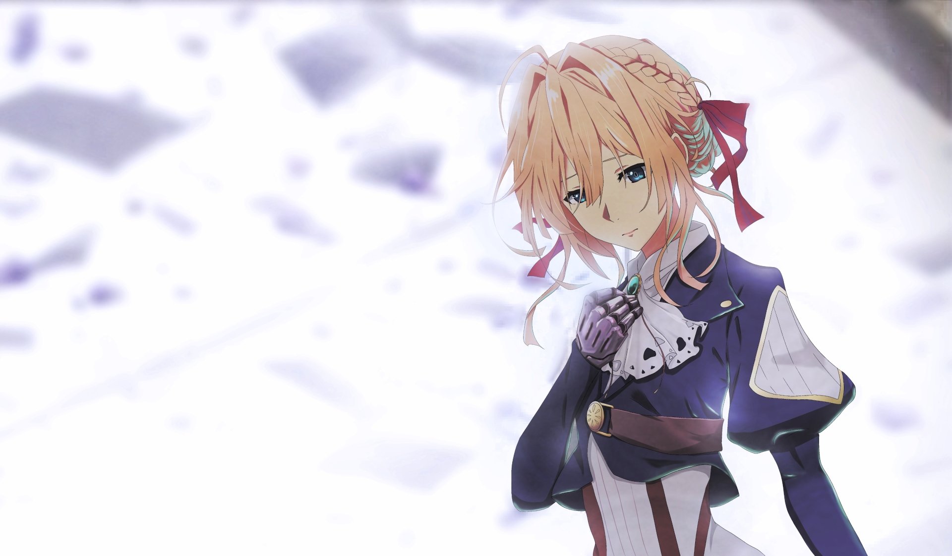 Violet Evergarden anime character in detailed 4K Ultra HD, captured as a PC desktop wallpaper with soft focus and serene expression.