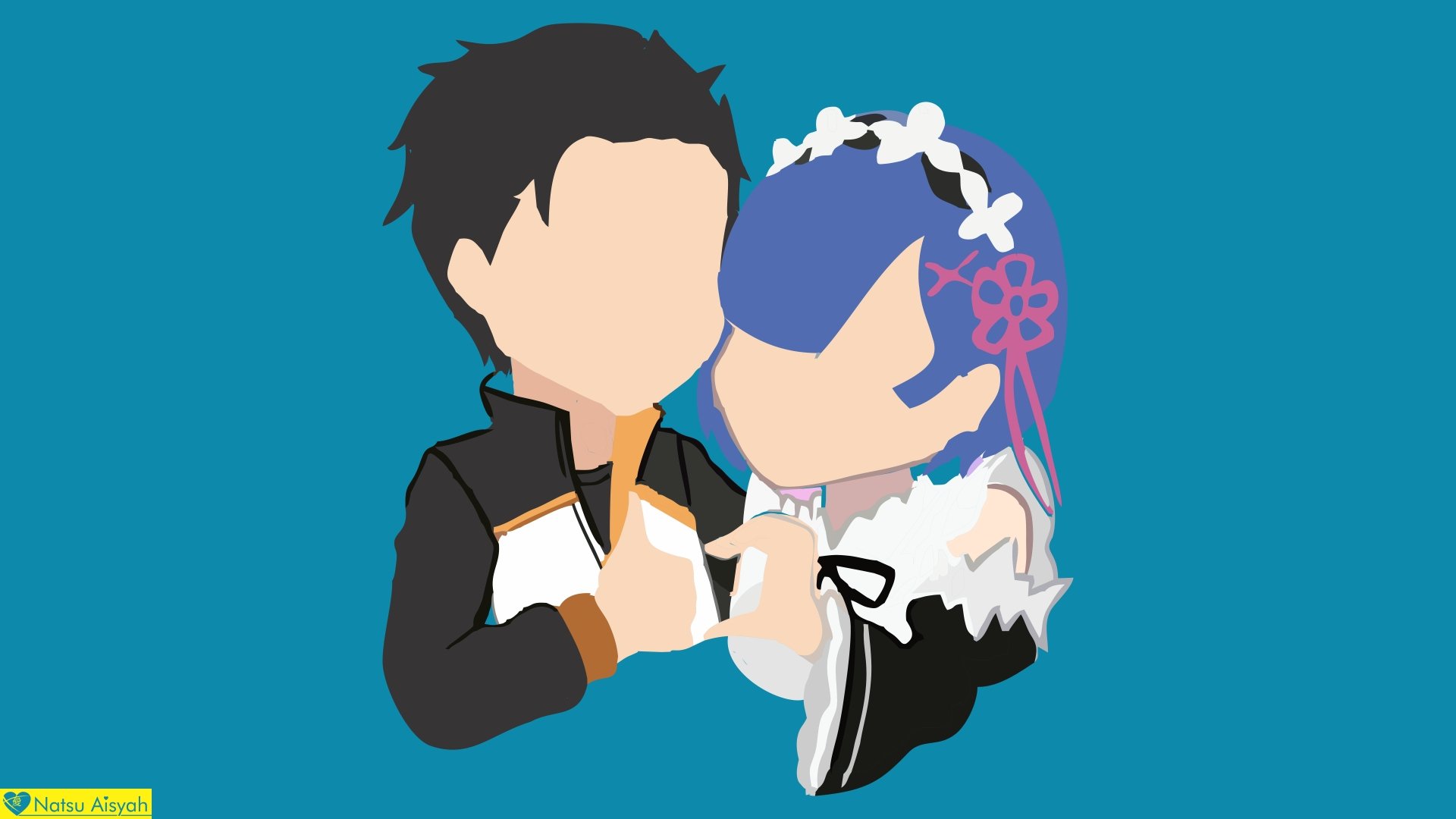 Faceless stylized illustration of Rem and Subaru Natsuki from Re:Zero sharing a tender moment, vivid 8K Ultra HD anime PC desktop wallpaper.