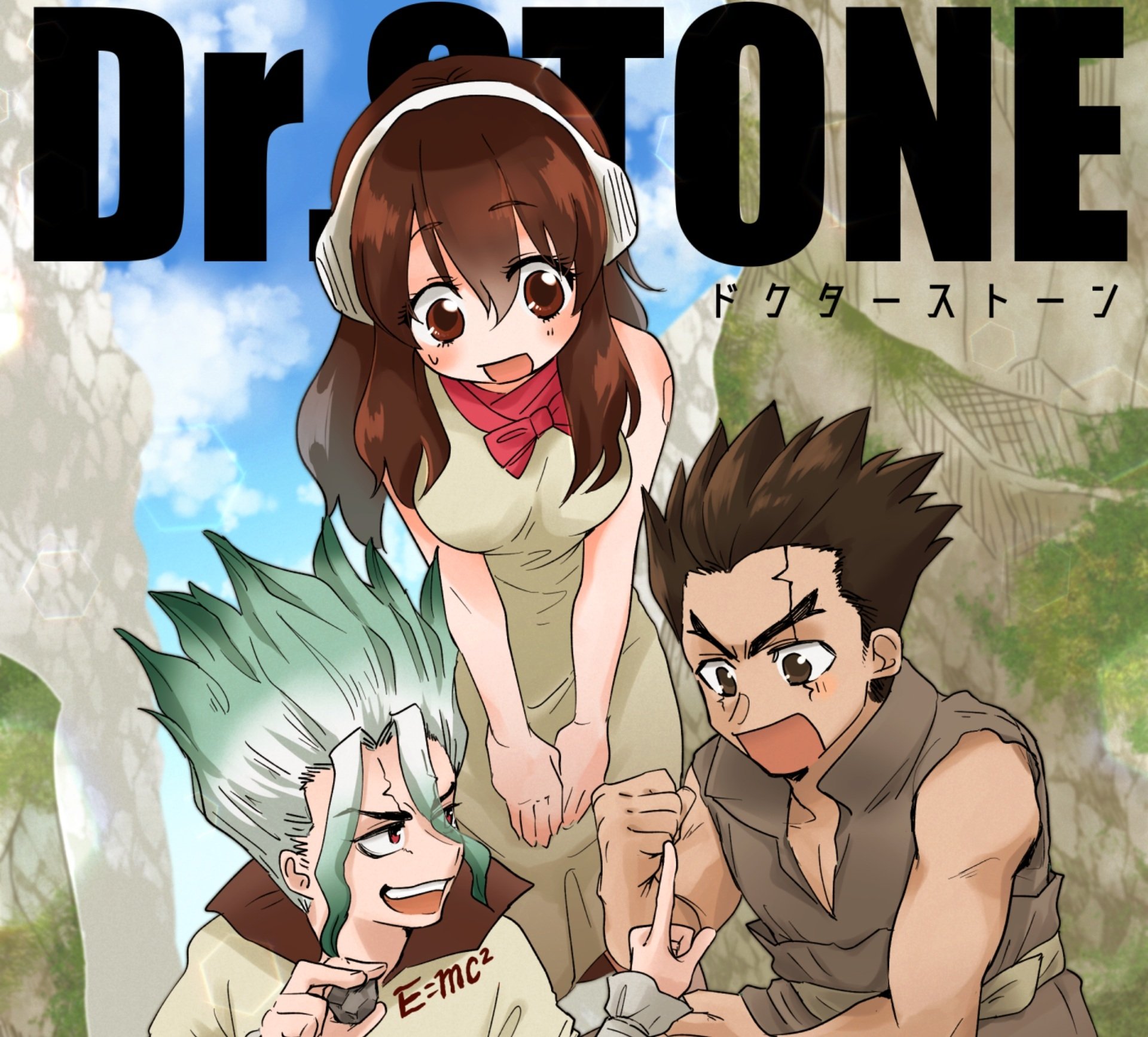 HD anime wallpaper featuring Senku Ishigami, Taiju Oki, and Yuzuriha Ogawa from Dr. Stone, showcasing their dynamic poses and vibrant expressions.
