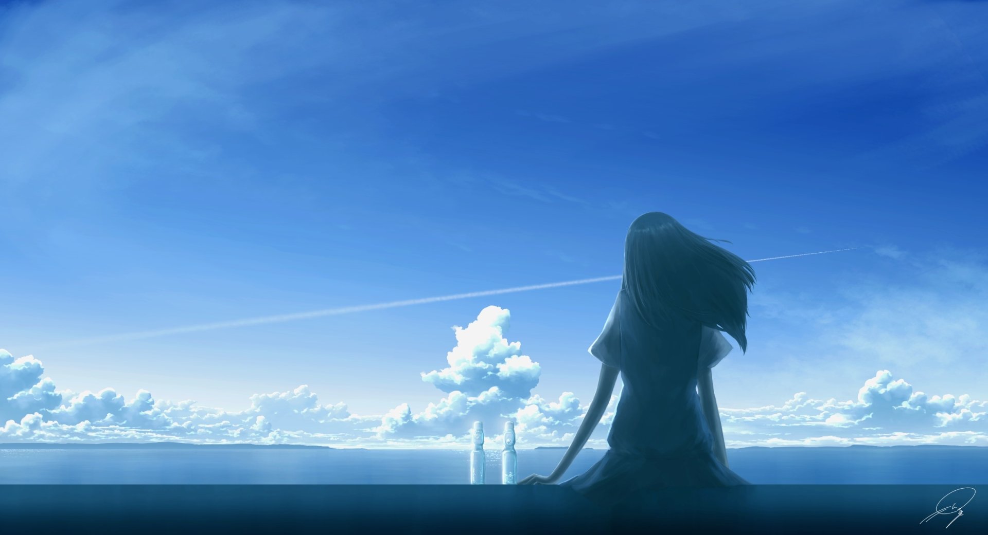 HD anime wallpaper featuring an original scene of a girl sitting by the water, gazing at a serene blue sky with scattered clouds.