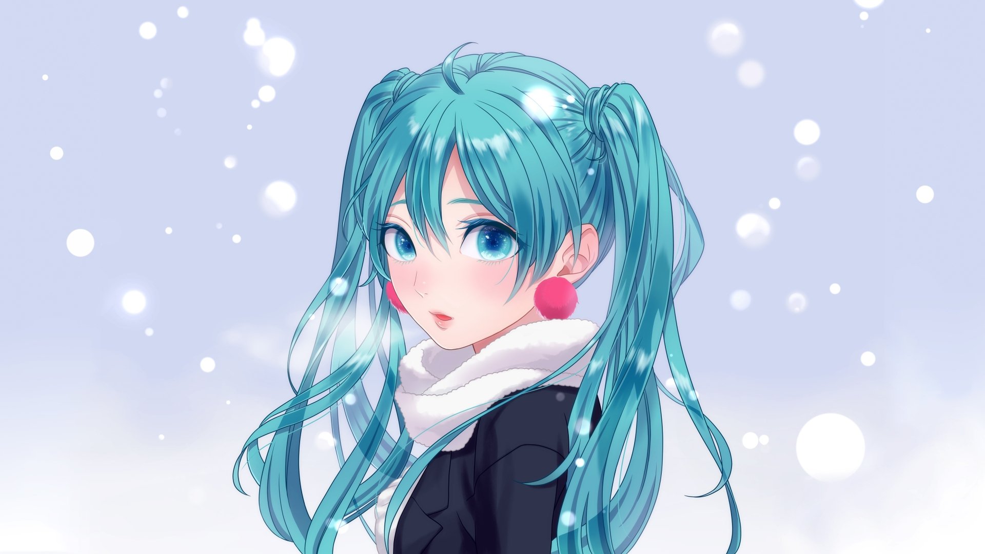 HD desktop wallpaper featuring Hatsune Miku, a popular Anime and Vocaloid character with blue hair, wearing a scarf and ear muffs, set against a soft snowy background.