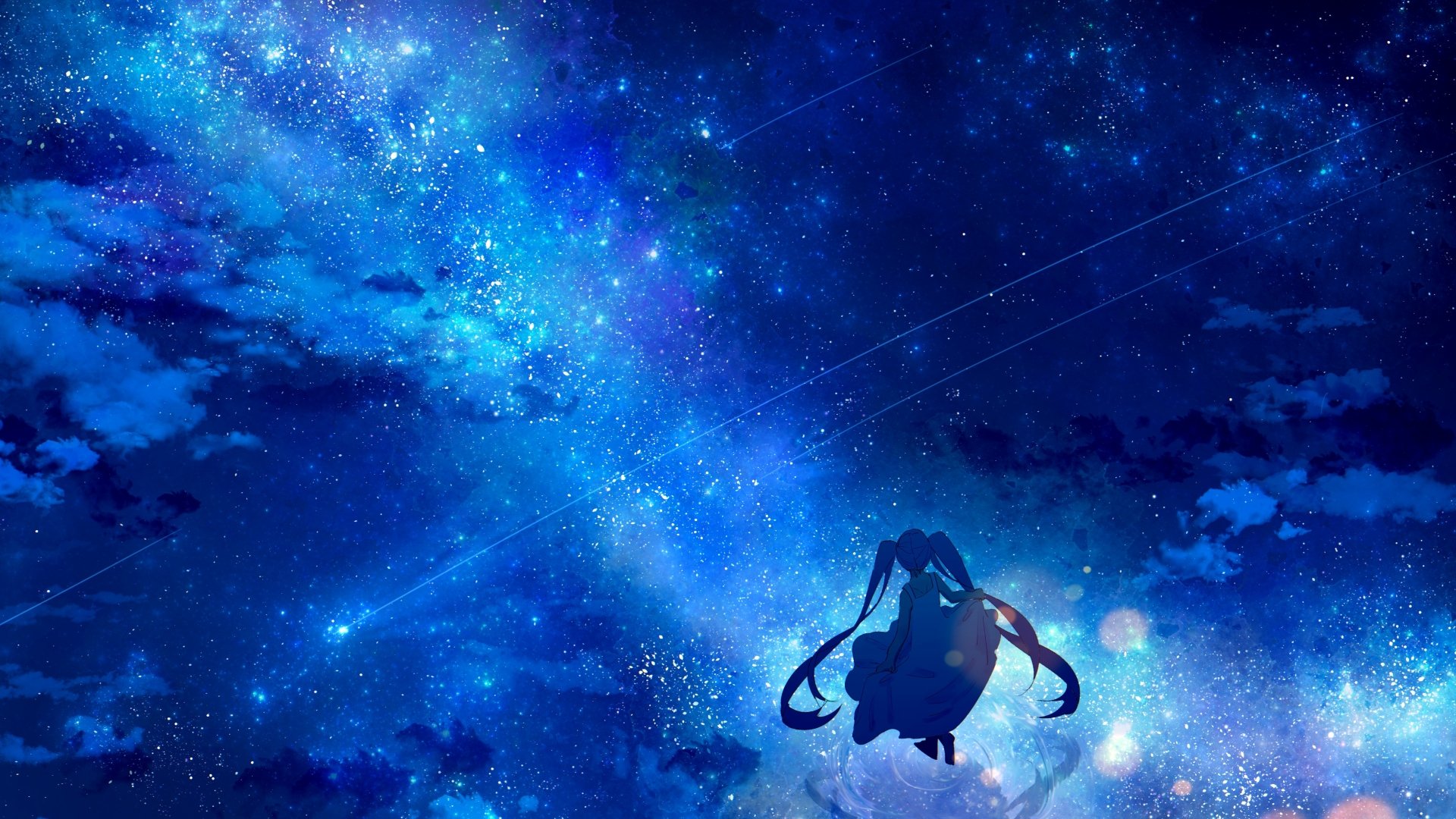 A 4K Ultra HD anime-style wallpaper featuring Hatsune Miku from Vocaloid, silhouetted against a vibrant, star-filled night sky with glowing cosmic elements.