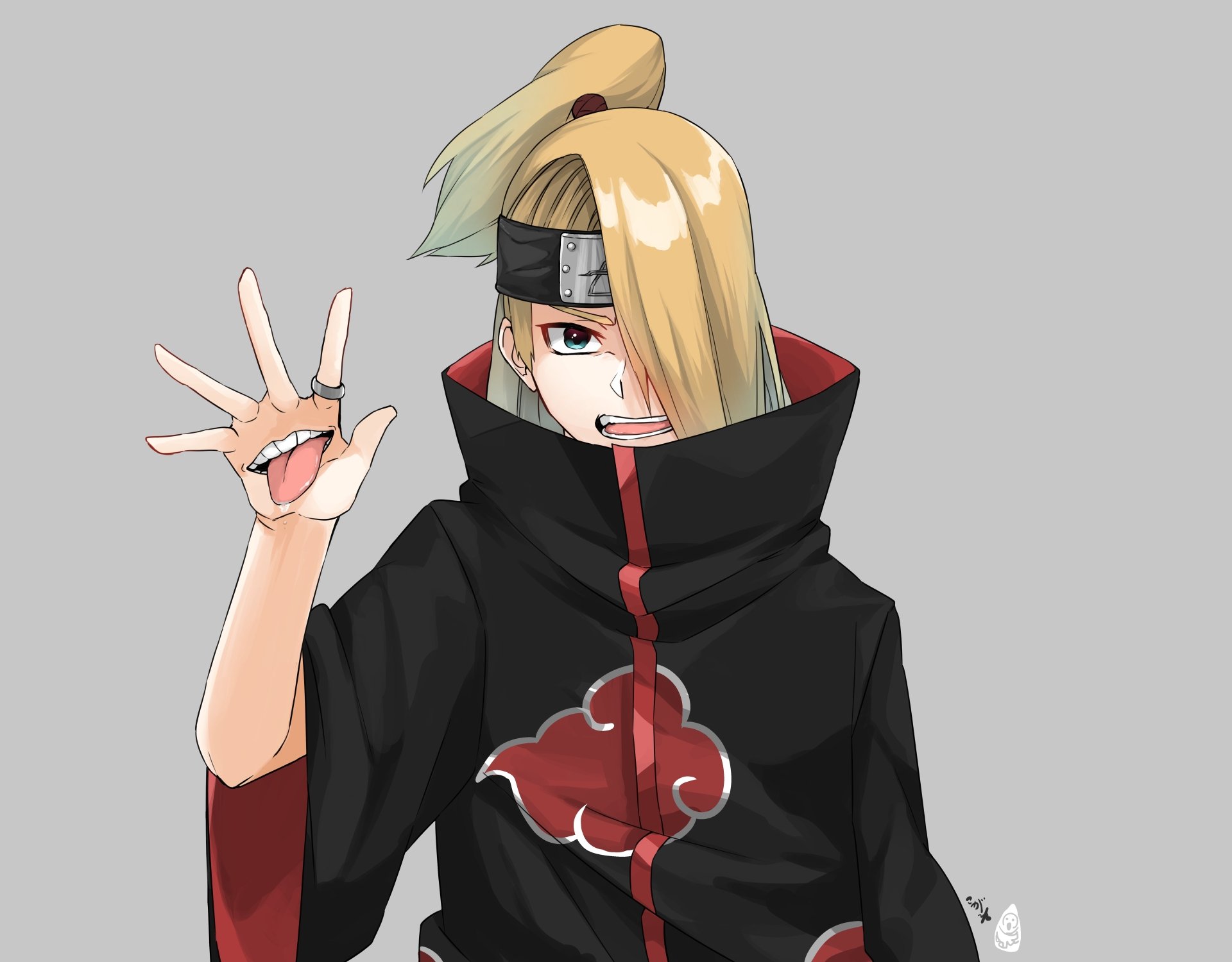 Deidara from Naruto anime, depicted in high detail with 8K Ultra HD clarity, wearing Akatsuki cloak and headband on a simple background.