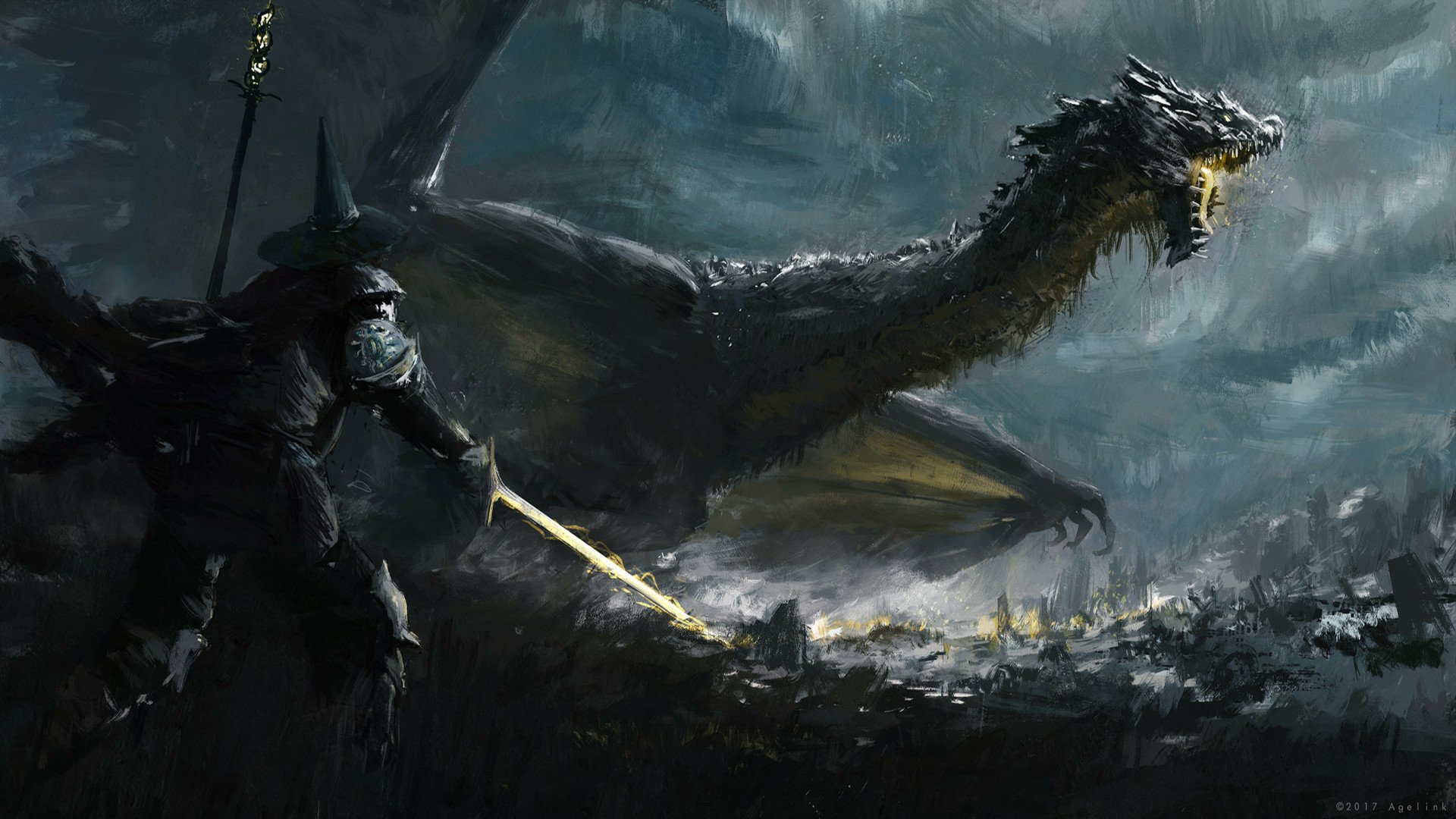 HD fantasy concept-art painting: a sword-wielding fantasy warrior confronts a towering wyvern amid a stormy battlefield — dark, cinematic PC desktop wallpaper background.