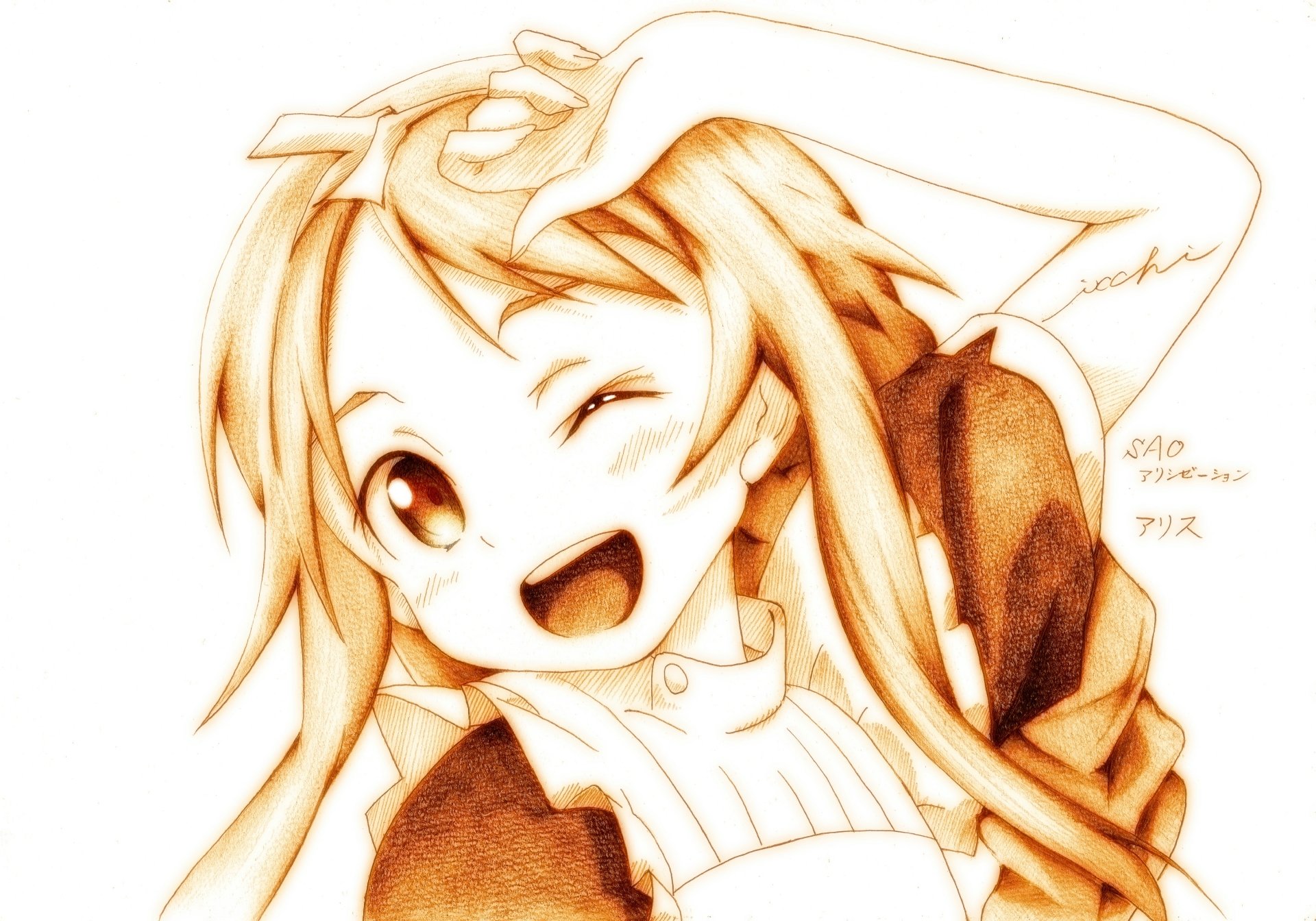 Alice Zuberg from Sword Art Online: Alicization, winking and smiling in a warm sepia sketch with hand raised — 2K Quad HD PC desktop wallpaper/background.