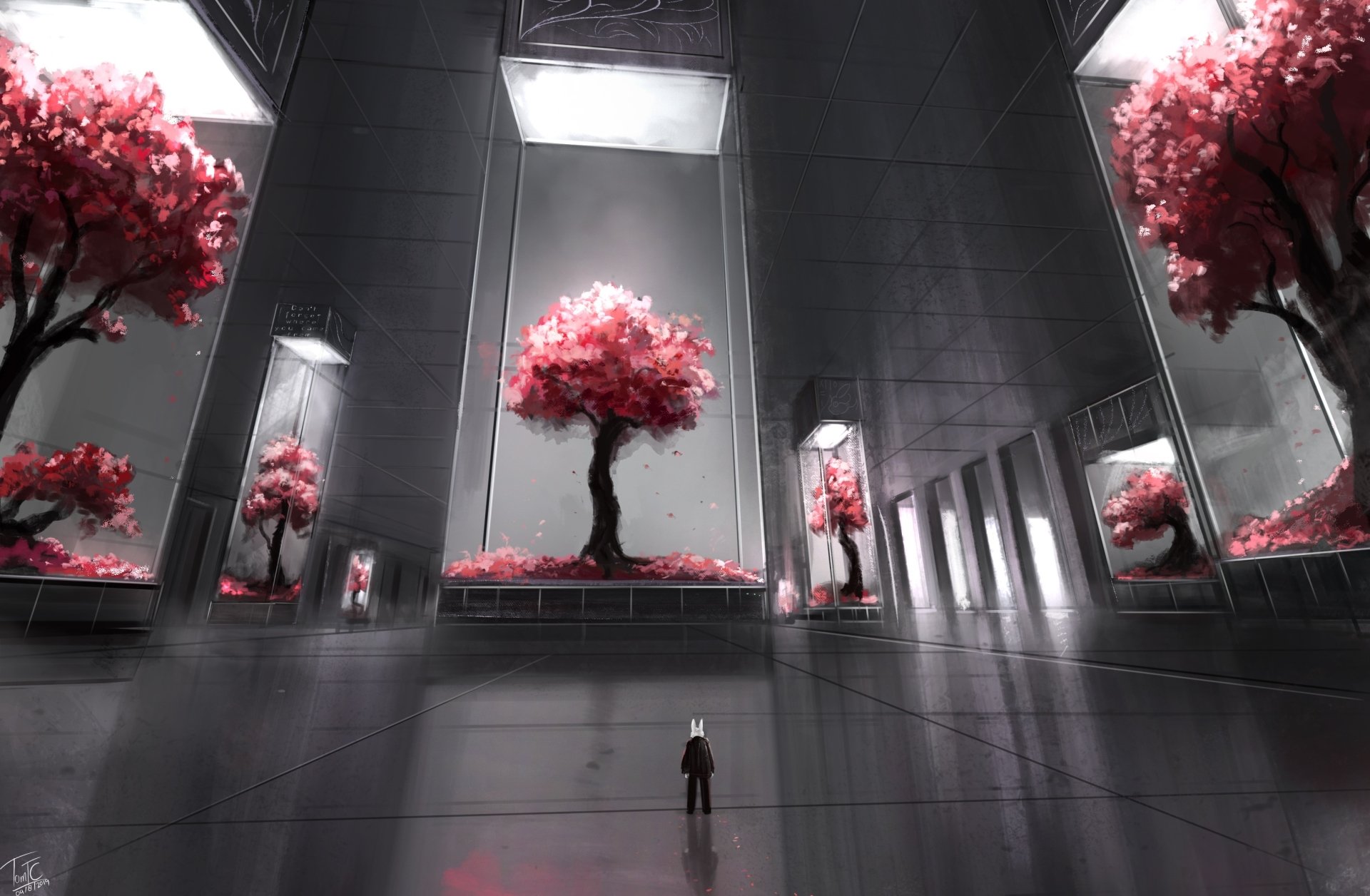 A fantasy creature stands in a vast, dimly lit hall with glowing pink trees, rendered in HD for a striking PC desktop wallpaper and background.