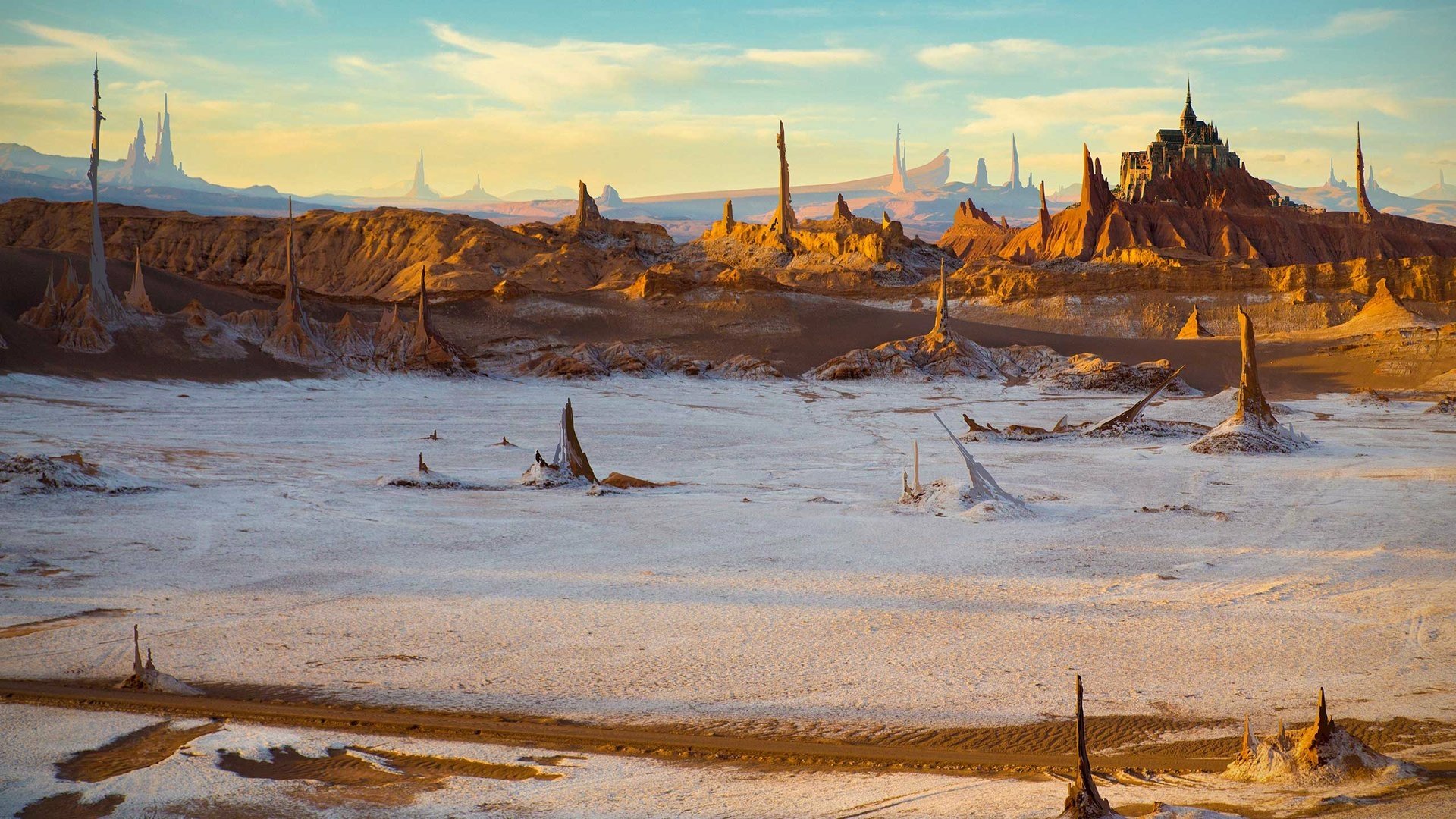 HD PC desktop wallpaper and background — fantasy landscape: vast salt plain with jagged rock spires and a distant fortress beneath a golden sky.