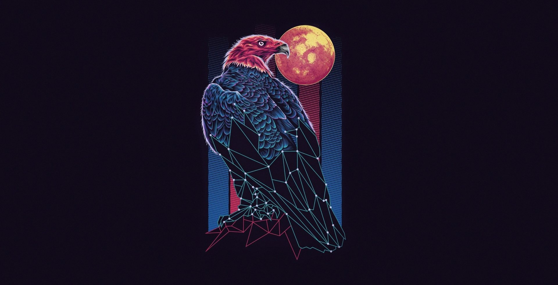 Retrowave HD PC desktop wallpaper of an artistic eagle bird of prey rendered in neon geometric lines against a glowing moon and striped synthwave backdrop.