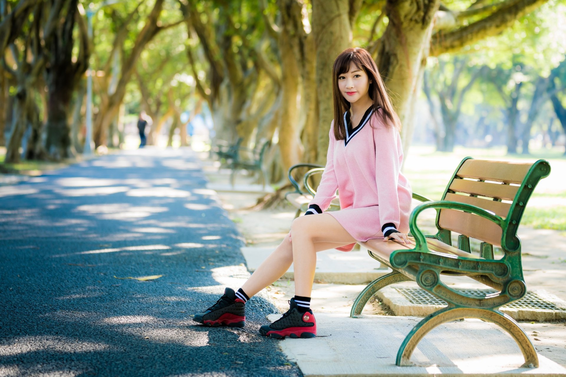 Download Brunette Depth Of Field Model Bench Park Woman Asian 4k Ultra ...