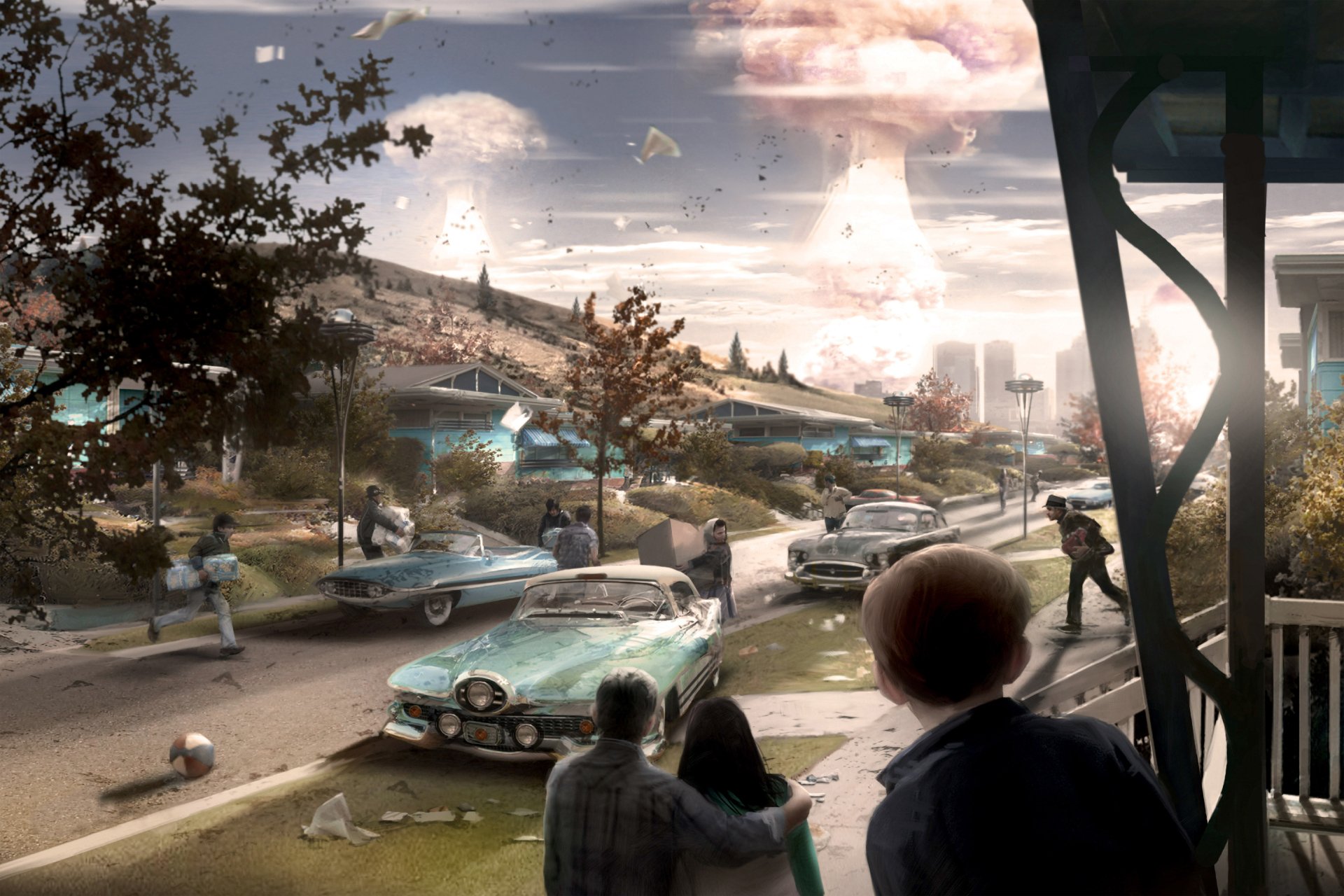 4K Ultra HD Fallout 4 PC wallpaper depicting a post-apocalyptic neighborhood with vintage cars and a distant mushroom cloud explosion.