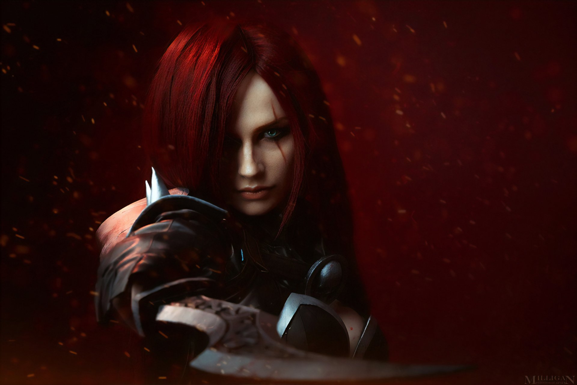 HD desktop wallpaper featuring a woman with red hair cosplaying Katarina from League of Legends, set against a dark, fiery background.