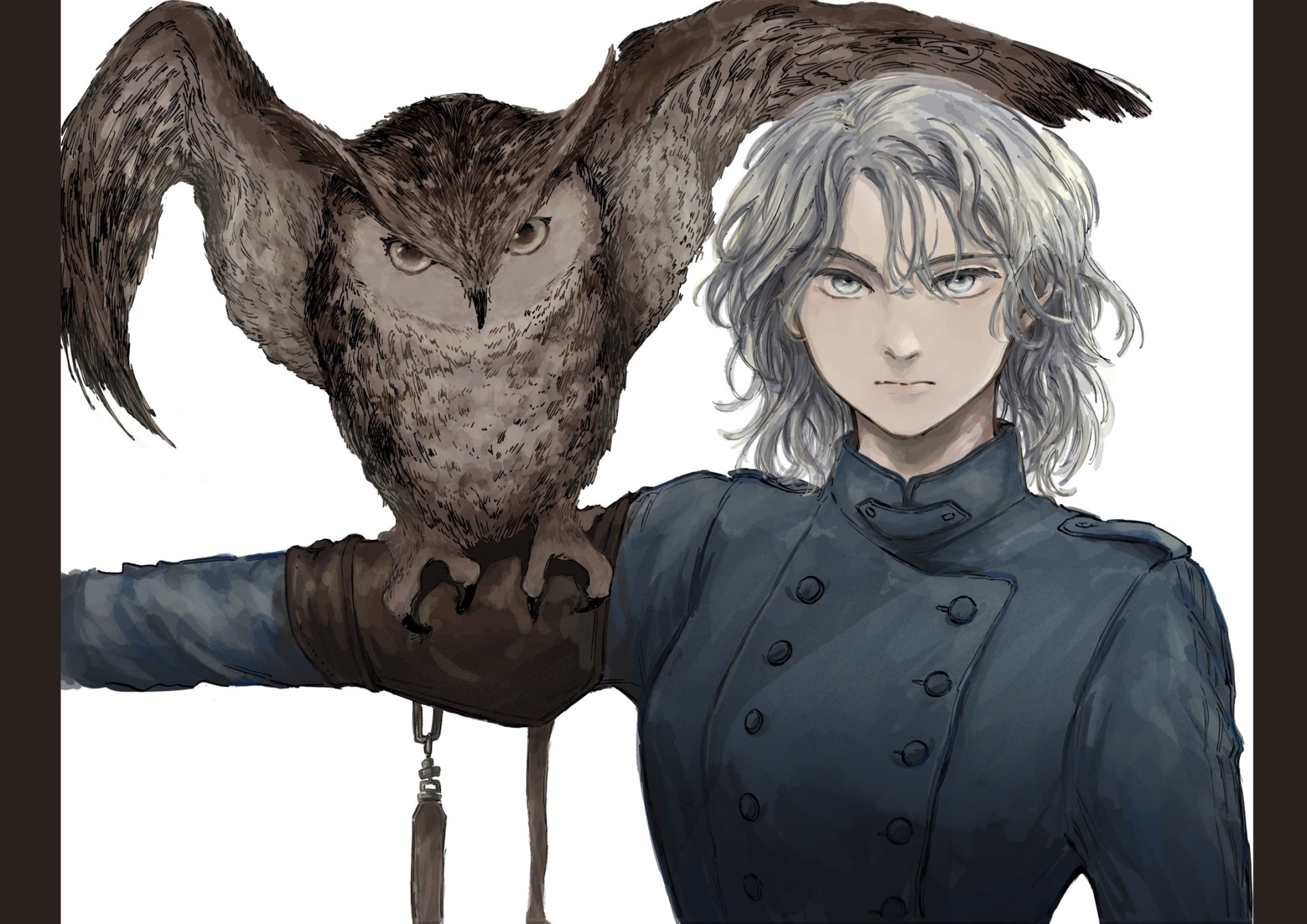Anime original HD PC desktop wallpaper — figure with grey hair and blue eyes in a dark coat, arm outstretched holding a large owl.