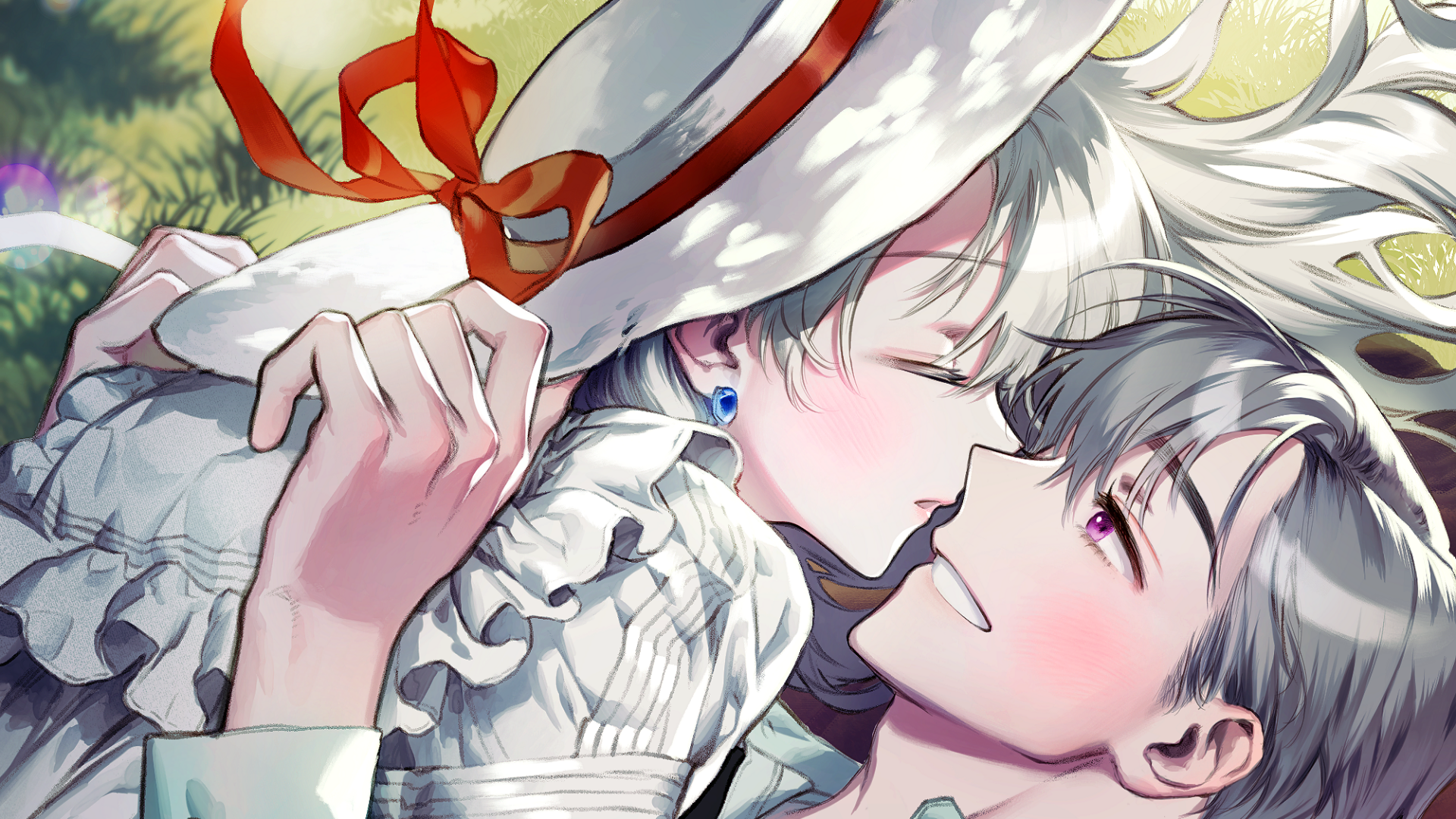 Anime couple with grey hair and purple eyes share a tender moment outdoors, captured in a vibrant HD PC desktop wallpaper.