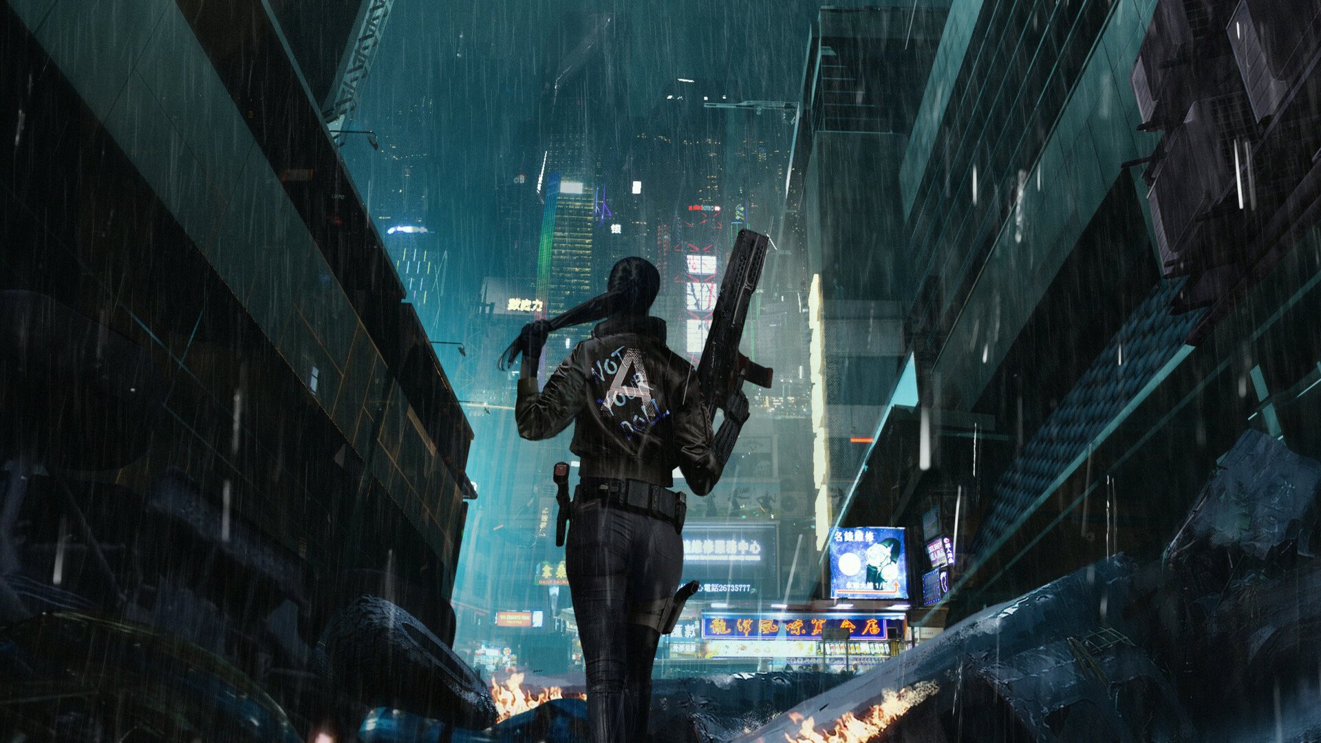 HD desktop wallpaper featuring a woman in a cyberpunk, futuristic sci-fi city. She stands in the rain, holding a large weapon, with towering buildings illuminated by neon lights in the background.
