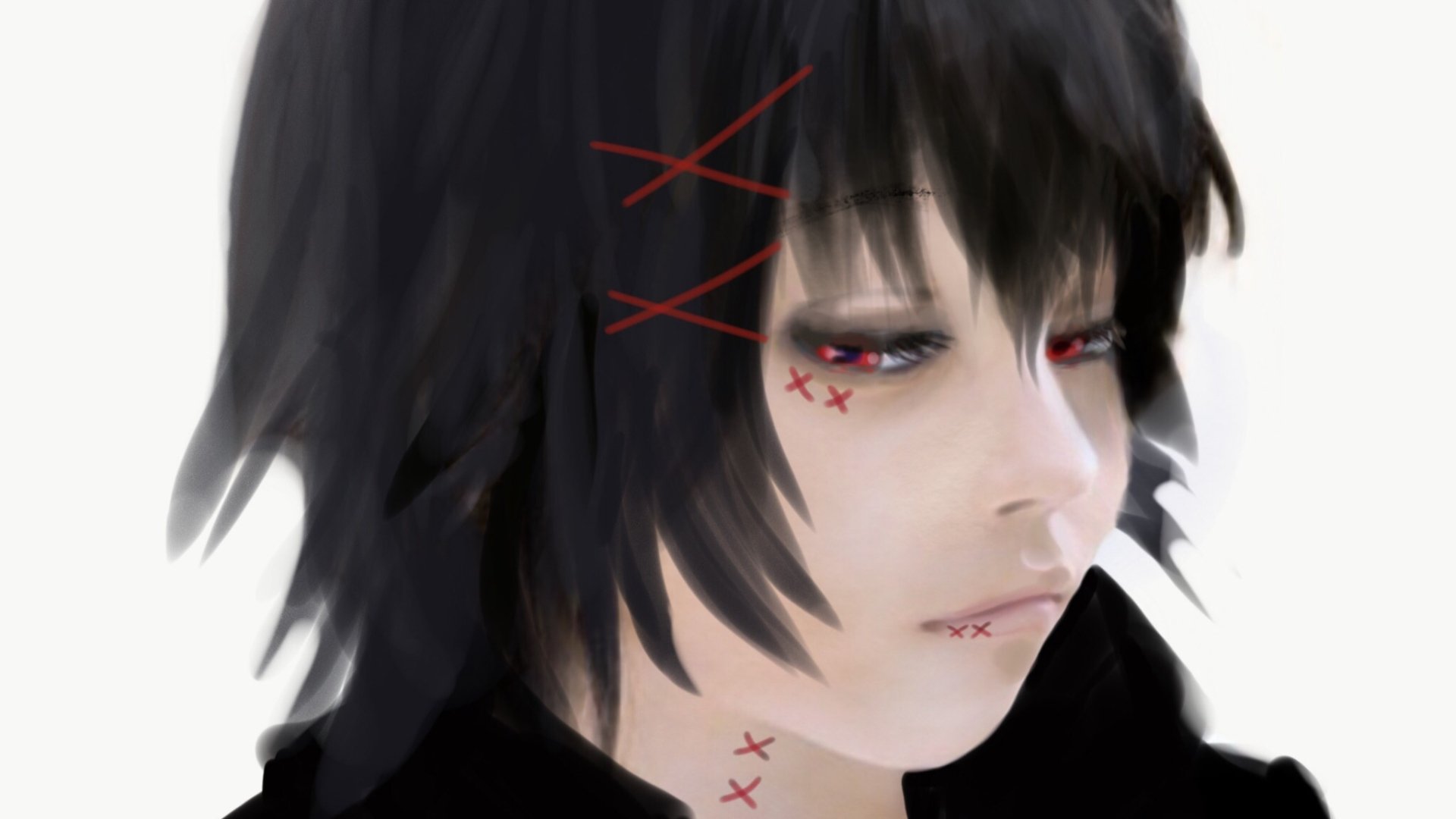 HD PC desktop wallpaper of Juuzou Suzuya (Tokyo Ghoul:re) — close-up anime portrait with dark hair, pale skin and red stitched scars, solemn expression on a soft white background.