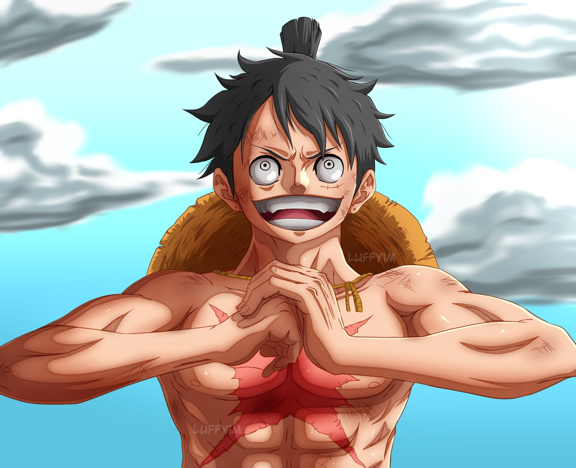HD anime desktop wallpaper featuring Monkey D. Luffy from One Piece, showcasing his confident smile and signature straw hat against a bright sky background.