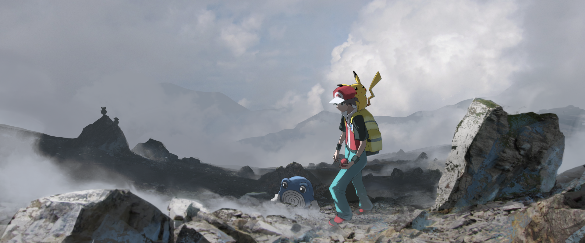 4K Ultra HD wallpaper featuring Red from Pokémon FireRed and LeafGreen with Pikachu on his shoulder, standing in a rocky, misty landscape alongside a wild Pokémon.