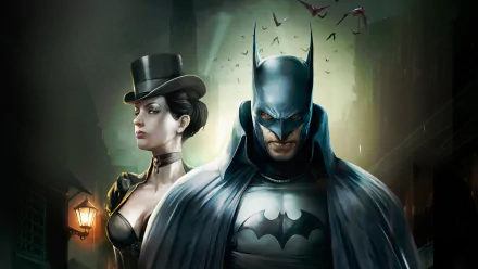 Batman in Victorian cowl and cape stands foreground with Selina Kyle/Catwoman in a top hat behind him — DC Comics movie artwork: Batman: Gotham by Gaslight. 2K Quad HD PC desktop wallpaper.