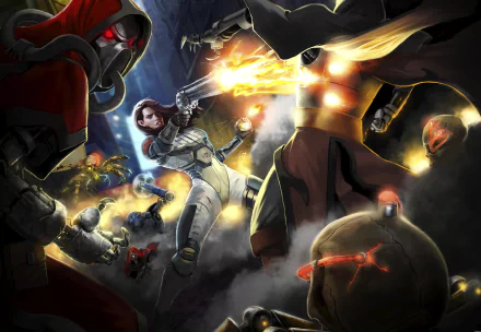 Ion Fury video game 8K Ultra HD PC desktop wallpaper and background: armored heroine firing pistols through explosions, battling robots and skull-masked enemies in a dark, action-packed sci-fi scene.