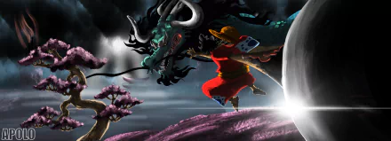 HD anime desktop wallpaper featuring Monkey D. Luffy facing off against Kaido from One Piece, set against a dramatic night sky with stylized trees and glowing effects.