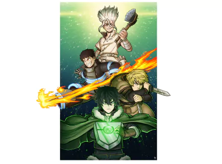 Crossover anime wallpaper featuring characters Thorfinn from Vinland Saga, Senku Ishigami and Dr. Stone, Shinra Kusakabe from Fire Force, and Naofumi Iwatani from The Rising of the Shield Hero.