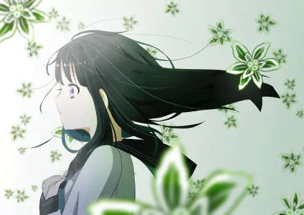 Eru Chitanda (Hyouka) in profile with wind-swept hair and green floral accents — 4K Ultra HD anime PC desktop wallpaper/background.