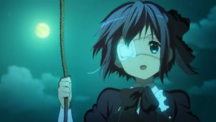 Rikka Takanashi from Love Chunibyo & Other Delusions swings under a glowing full moon in this HD anime desktop wallpaper.