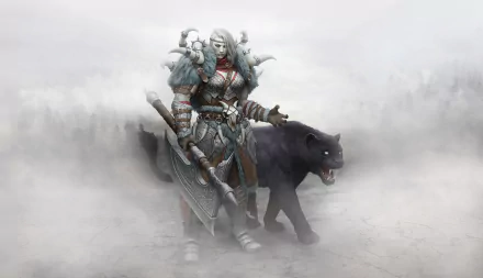Viking woman warrior in fur armor wielding a massive axe, flanked by a snarling black panther in a foggy fantasy landscape — 4K Ultra HD PC desktop wallpaper/background.