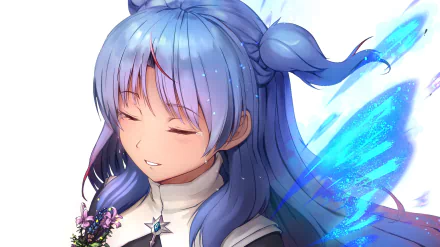 Chtholly Nota Seniorious (SukaSuka) anime HD PC desktop wallpaper: serene blue-haired girl with closed eyes, holding flowers, glowing translucent blue wings.
