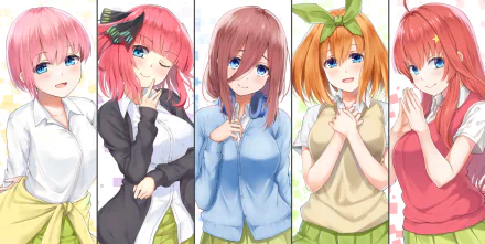 HD desktop wallpaper featuring Itsuki, Nino, Miku, Yotsuba, and Ichika Nakano from The Quintessential Quintuplets anime. The quintuplets are shown in different outfits with cheerful expressions.
