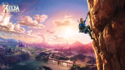 Link from The Legend of Zelda: Breath of the Wild climbs a cliff during a vibrant sunset in this 8K Ultra HD PC desktop wallpaper and background.