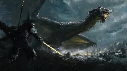 HD fantasy concept-art painting: a sword-wielding fantasy warrior confronts a towering wyvern amid a stormy battlefield — dark, cinematic PC desktop wallpaper background.