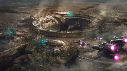 HD PC desktop wallpaper and background: Star Wars–style sci‑fi scene with X‑Wing starfighters streaking over a ruined circular spaceport, purple-green engine glows under smoky skies.