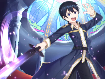 Kirito (Kazuto Kirigaya) from Sword Art Online: Alicization, anime-style, grinning as he wields a glowing sword before a stained-glass window — 4K Ultra HD PC desktop wallpaper.