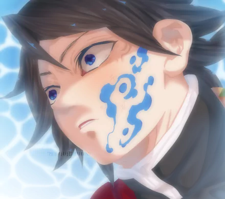 Close-up 4K Ultra HD anime wallpaper of Giyuu Tomioka from Demon Slayer: Kimetsu no Yaiba, featuring vibrant colors and detailed character design.