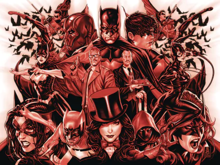 HD PC desktop wallpaper featuring Dick Grayson, Barbara Gordon, Alfred Pennyworth, Damian Wayne, Red Robin, Tim Drake, Red Hood, Robin, Zatanna, Batgirl, Catwoman, and Batman from DC Comics.
