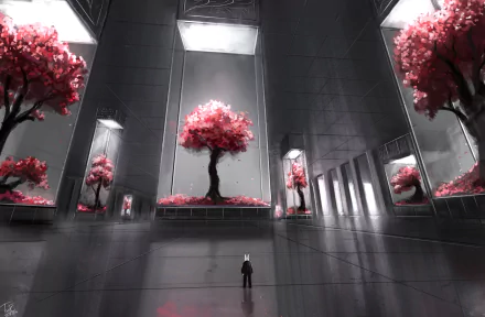 A fantasy creature stands in a vast, dimly lit hall with glowing pink trees, rendered in HD for a striking PC desktop wallpaper and background.