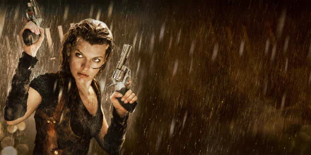 HD desktop wallpaper featuring Milla Jovovich as Alice from the movie Resident Evil: Afterlife, standing in the rain and holding two guns with a determined look.