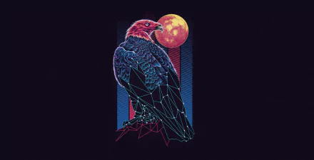 Retrowave HD PC desktop wallpaper of an artistic eagle bird of prey rendered in neon geometric lines against a glowing moon and striped synthwave backdrop.