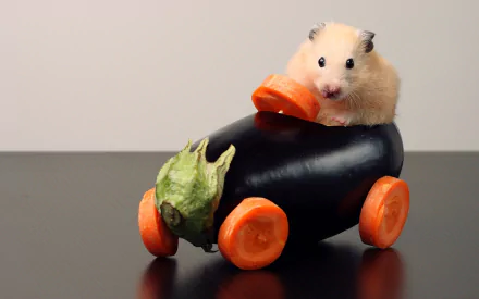 Hamster perched on an eggplant turned car with carrot wheels — whimsical animal scene, 2K Quad HD PC desktop wallpaper and background.