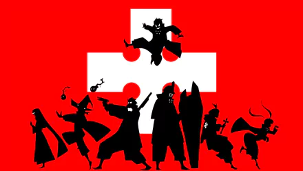 HD desktop wallpaper from the anime Fire Force, featuring silhouette characters set against a red and white background.