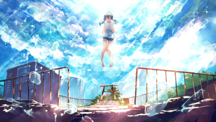Hina Amano from Weathering with You — anime HD PC desktop wallpaper of her floating above a sunlit rooftop, rain droplets sparkling under a vivid blue sky.