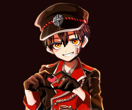 HD anime wallpaper showcasing Hanako-kun from Toilet-bound Hanako-kun, featuring his signature hat, glowing amber eyes, and mischievous smile against a dark background.