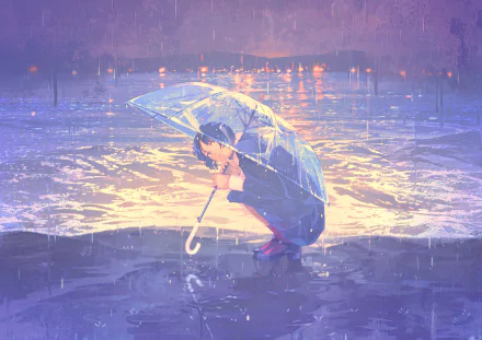 Anime girl crouching under a transparent umbrella in the rain, illuminated by soft city lights, rendered as an HD PC desktop wallpaper and background.