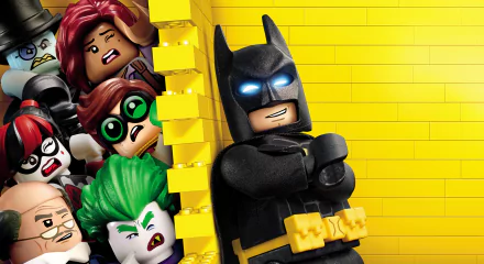 4K Ultra HD PC wallpaper of Lego Batman with glowing eyes, flanked by Robin/Dick Grayson, Alfred Pennyworth, Joker and Harley Quinn from The Lego Batman Movie.