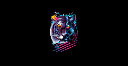 Retro neon artistic tiger portrait in 4K Ultra HD, geometric split-face design with vibrant cyan and magenta strokes — PC desktop wallpaper/background.