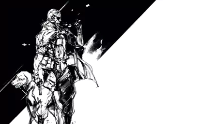 Black-and-white sketch of Venom Snake and his dog in stark contrast, Metal Gear Solid V: The Phantom Pain 5K Ultra HD PC desktop wallpaper.