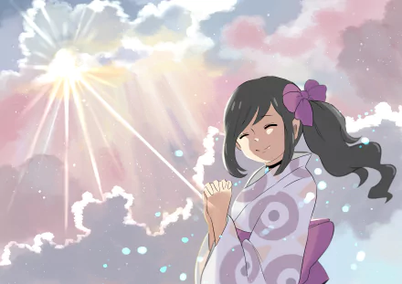 5K Ultra HD PC wallpaper: Hina Amano from Weathering with You — anime girl in a yukata smiling as sunbeams pierce pastel clouds, serene sky background.