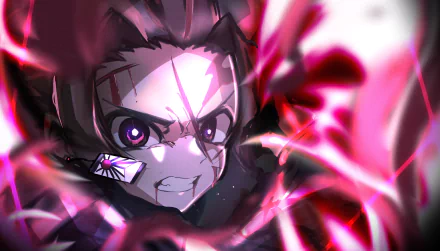 HD wallpaper of Tanjiro Kamado from the anime Demon Slayer: Kimetsu no Yaiba, depicting an intense and dramatic action scene with vibrant colors.