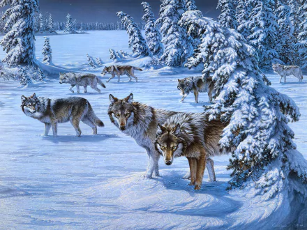 painting snow winter Animal wolf winter animals HD Desktop Wallpaper | Background Image